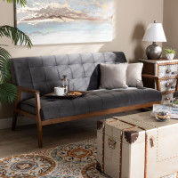 Baxton Studio TOGO-Grey Velvet/Walnut-SF Asta Mid-Century Modern Grey Velvet Fabric Upholstered Walnut Finished Wood Sofa